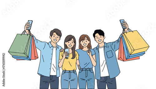 Happy friends shopping together with bags and phone vector illustration on white background