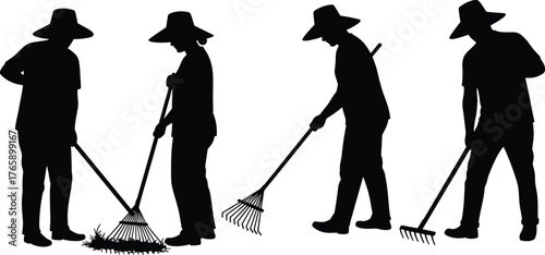  Raking activity silhouette, outdoor maintenance workers, garden cleaning vector, manual labor illustration, wide-brim hat figures, yard work posture, black icon design