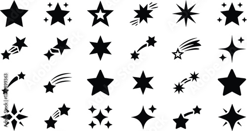 Star icon illustration set, sparkle silhouette vector collection, shooting stars, twinkle patterns, celestial cosmic symbols, decorative night sky design elements
