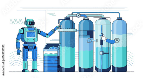 Advanced water purification system managed by futuristic robot for clean resource production
