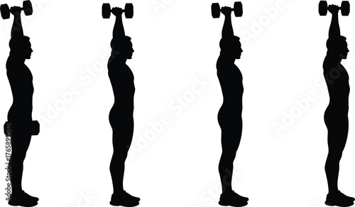 Shoulder press exercise silhouette, dumbbell workout posture, fitness training vector, gym strength illustration, overhead lift position, healthy lifestyle, black figure icon