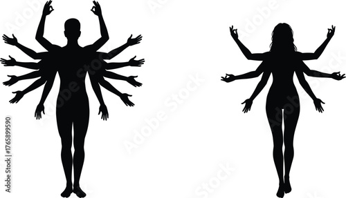Photos Silhouette multi-arm figures, male and female deity pose, spiritual gesture ill