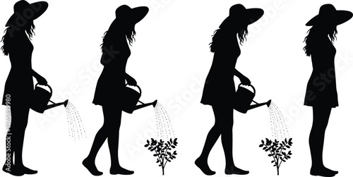  Silhouette woman watering plant, growth concept, nurturing care, gardening action, black vector illustration, hat and dress, nature support, minimal design