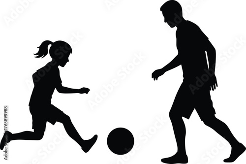  Soccer silhouette illustration, child and adult playing, family sports moment, black and white vector, outdoor activity, dynamic pose, minimalist design