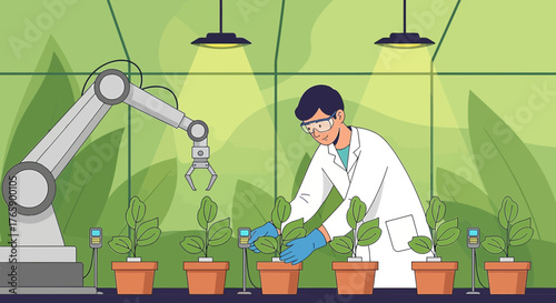 Automated agriculture: Scientist and robot arm collaborate in plant research laboratory to