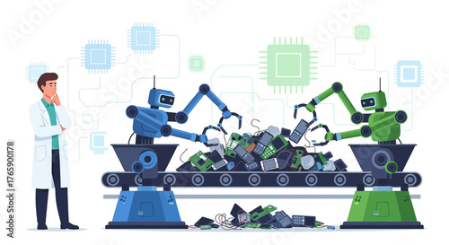 Automated electronics recycling system with robotics and waste management concept illustration