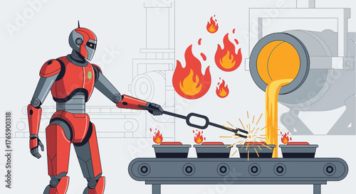 Automated metal production scene showcasing a robot pouring molten metal into molds on an assembly