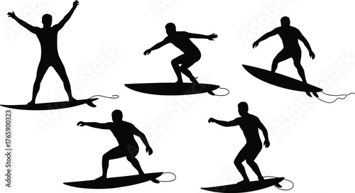  Surfer silhouette vector set, dynamic surfboard poses, ocean sport illustration, black human shapes, wave riding stances, beach activity concept graphic