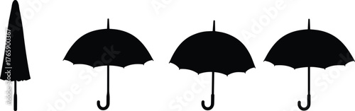  Umbrella silhouette vector set, closed and open styles, black rain protection icons, canopy shapes with handles, weather design elements for illustration