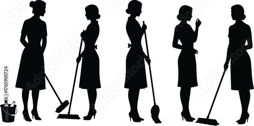  Women cleaning silhouette set, domestic work poses vector, black illustration with mop broom and bucket, household chore activity, apron dress design
