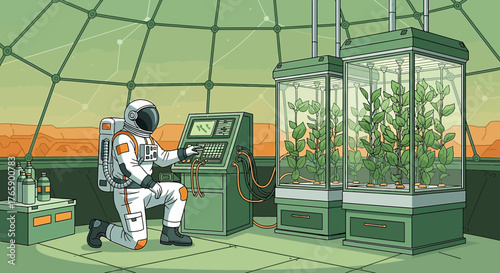 Botanical research on Mars: An astronaut tending to hydroponic plants inside a habitat dome