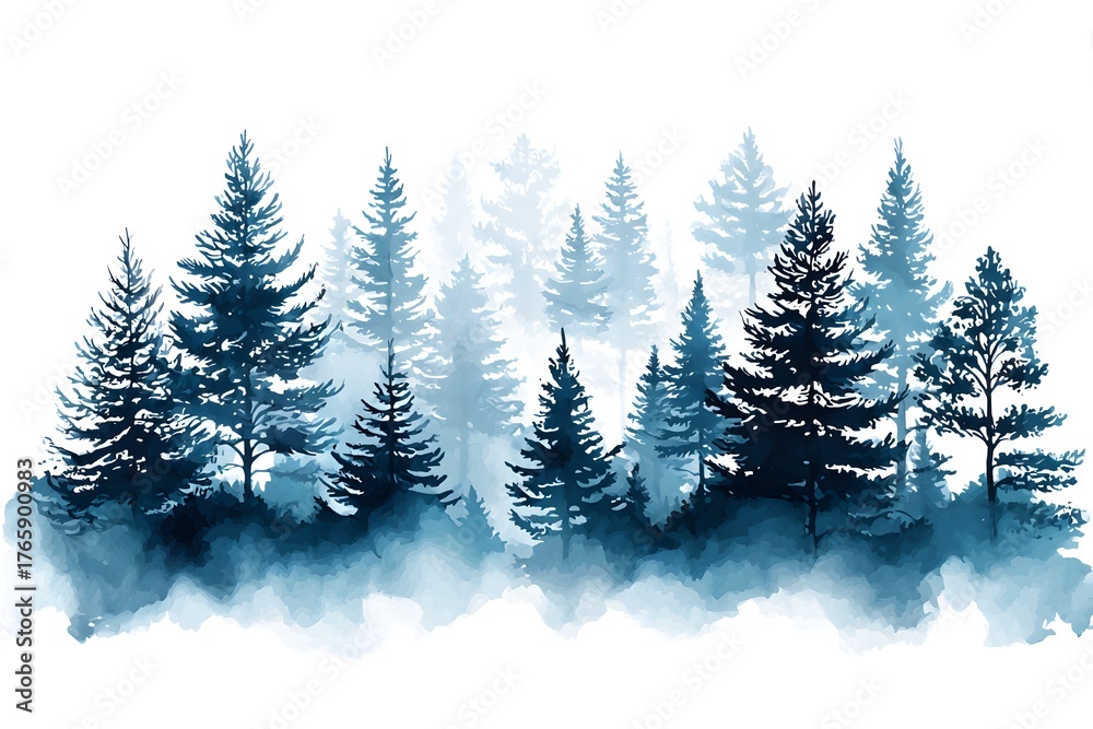 Fototapeta premium Enchanting Forest Landscape with Tall Pine Trees and Misty Background in Artistic Watercolor Style