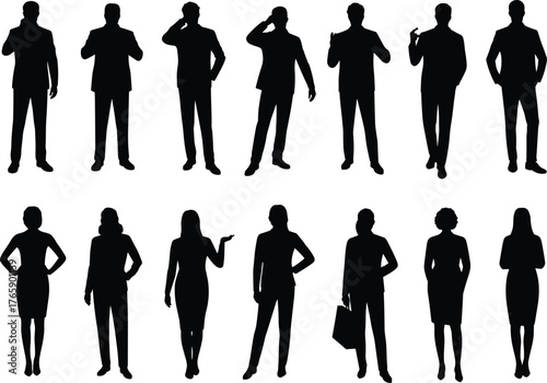 Business professional silhouette set, male and female figures, corporate attire vector, workplace diversity illustration, standing poses, isolated people graphics, black icons