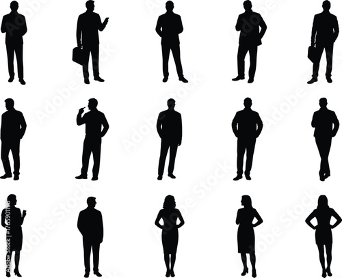 Business professional silhouette set, standing poses with accessories, corporate attire vector, workplace diversity illustration, isolated people graphics, black icons