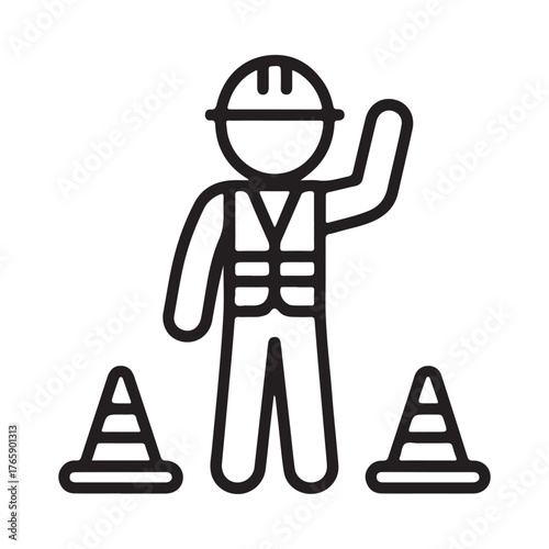 Construction worker in safety vest and hard hat with traffic cones