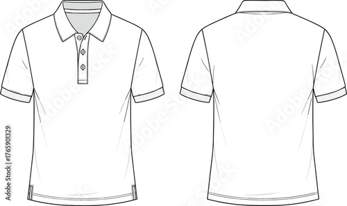 Men’s polo t-shirt technical flat sketch front and back view, short sleeve collar shirt design, vector apparel template, cad drawing flat vector illustration