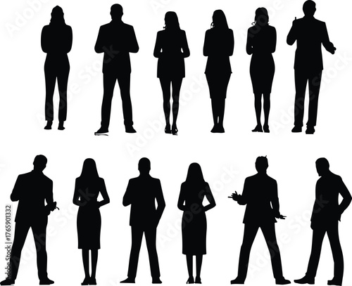 Business professional silhouette set, standing poses with gestures, corporate attire vector, workplace diversity illustration, isolated people graphics, black icons