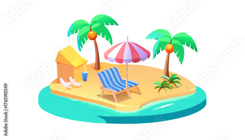 3D Summer Beach Scene with Podium, Umbrella, and Tropical Elements - 3 Variations .vector icon