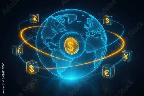 Global Finance: World map with currency symbols circling the globe.