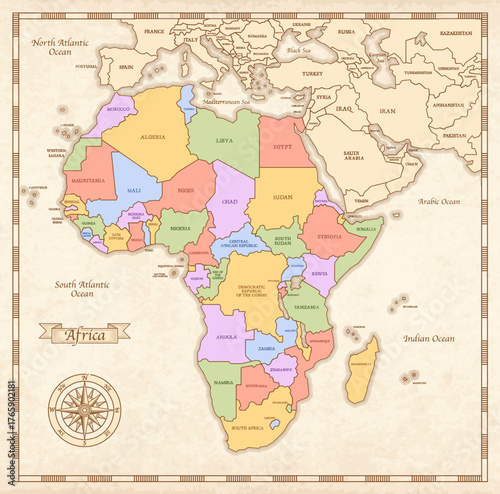 Africa single states political map in Vintage colors. Each country with its own color area.