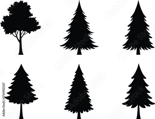 Collection of different pine and deciduous tree silhouettes, isolated black vector illustration for nature, forest, and landscape design projects
