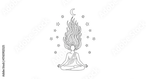 Meditating Figure with Celestial Hair and Moon, Surrounded by Stars.