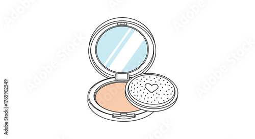 Cosmetic Powder Compact with Mirror and Applicator Illustration.