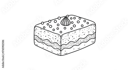 Hand drawn sketch of a delicious layered cake slice with cream.