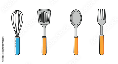 Set of kitchen utensils including whisk, spatula, spoon, and fork.