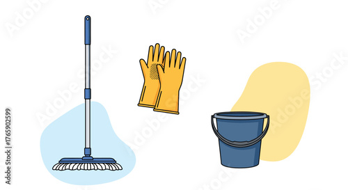Cleaning tools set including mop, gloves, and bucket for house cleaning.