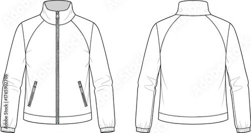 Men’s zip up bomber jacket technical flat sketch front and back view, casual outerwear fashion design template, apparel vector, cad drawing flat vector illustration