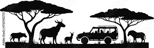 African Safari Silhouette Banner  Wildlife and Savanna Landscape Vector