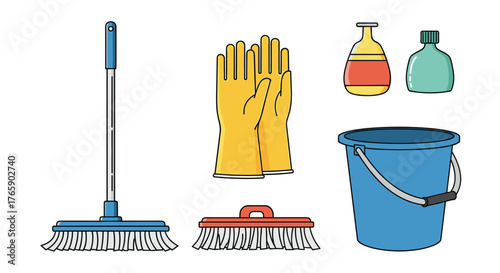 Cleaning Supplies - Mop, Gloves, Brush, Bucket, and Cleaning Solutions.