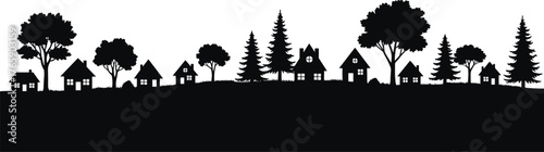 Beautiful village houses among trees silhouette, peaceful countryside landscape, rural nature scene, cozy homes background, calm environment, scenic outdoor illustration