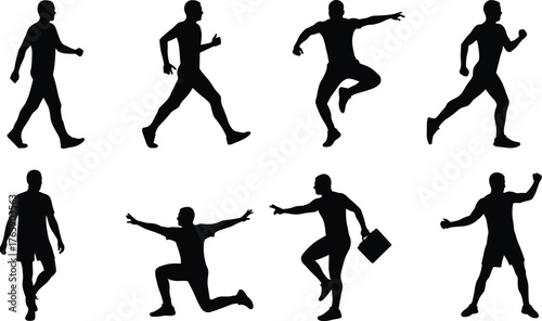 Silhouette of men walking running jumping posing isolated on white background, active people motion, fitness exercise, modern lifestyle concept