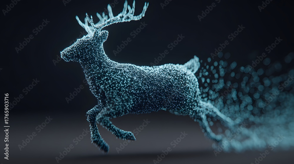 Fototapeta premium Digital Representation of a Running Deer Formed by Particles in a Dark Background with Motion Effects