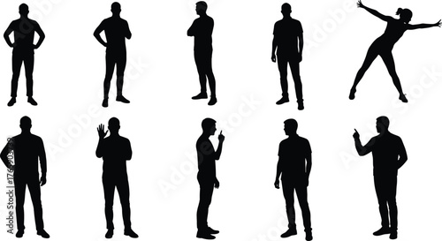 Silhouette of people standing talking arguing communicating isolated on white background, teamwork discussion, conflict, gesture communication, lifestyle concept illustration