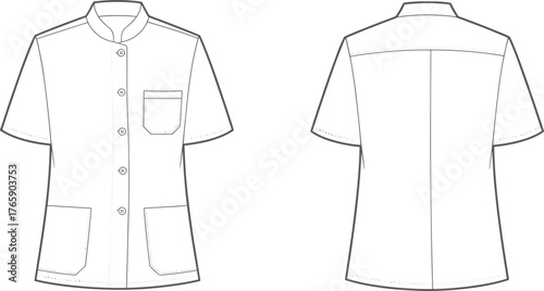 Short sleeve collar shirt technical flat sketch front and back view, vector fashion design template, professional garment CAD illustration