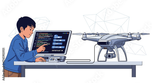 Boy programming a drone connected to a computer showcasing educational technological future