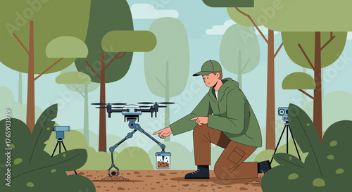 Botanist utilizes drone for ecological research and soil sample collection in the woodland