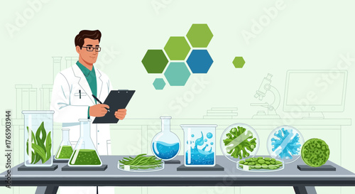 Botanical researcher conducting experiments with plant samples and recording findings in a lab