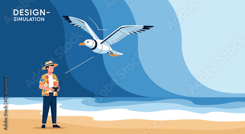 Coastal leisure activity featuring a man flying a bird drone near the ocean shoreline