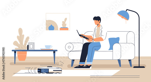 Comfortable living featuring a man operating smart home devices and a robotic vacuum cleaner