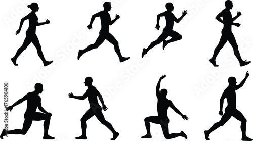 Silhouette of people running, walking, jumping, and exercising, active human body movement poses isolated on white background, fitness concept