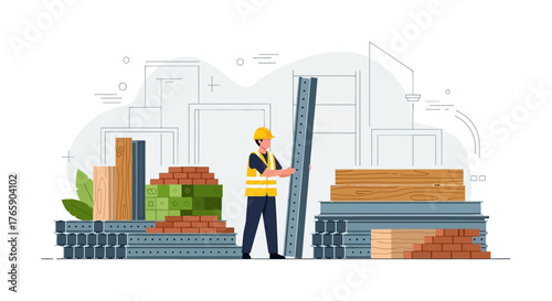 Construction worker lifting metal beam at construction site with building materials illustration