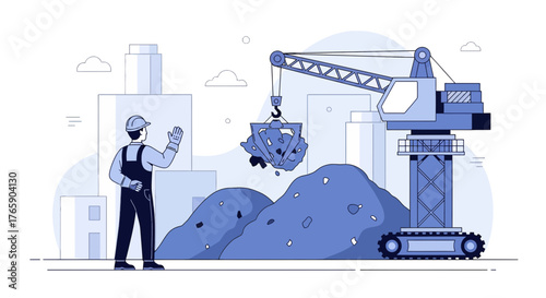 Construction worker supervising crane lifting rubble at an urban construction site illustration