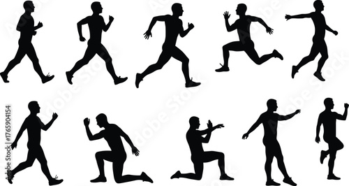 Silhouette of athletic men running, jumping, exercising, and stretching, isolated on white background, concept of fitness, motion, and strength