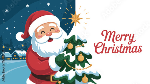 Santa Claus placing golden star on Christmas tree with gifts, snowy village night sky, and “Merry Christmas” text in festive red script