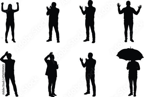 Silhouette of people standing in various gestures and poses, clapping, cheering, and holding umbrella on white background, human expression concept