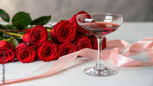 Romantic cherry liqueur cocktail with red rose bouquet on white table and pink ribbon, soft light and elegant mood for celebration and love